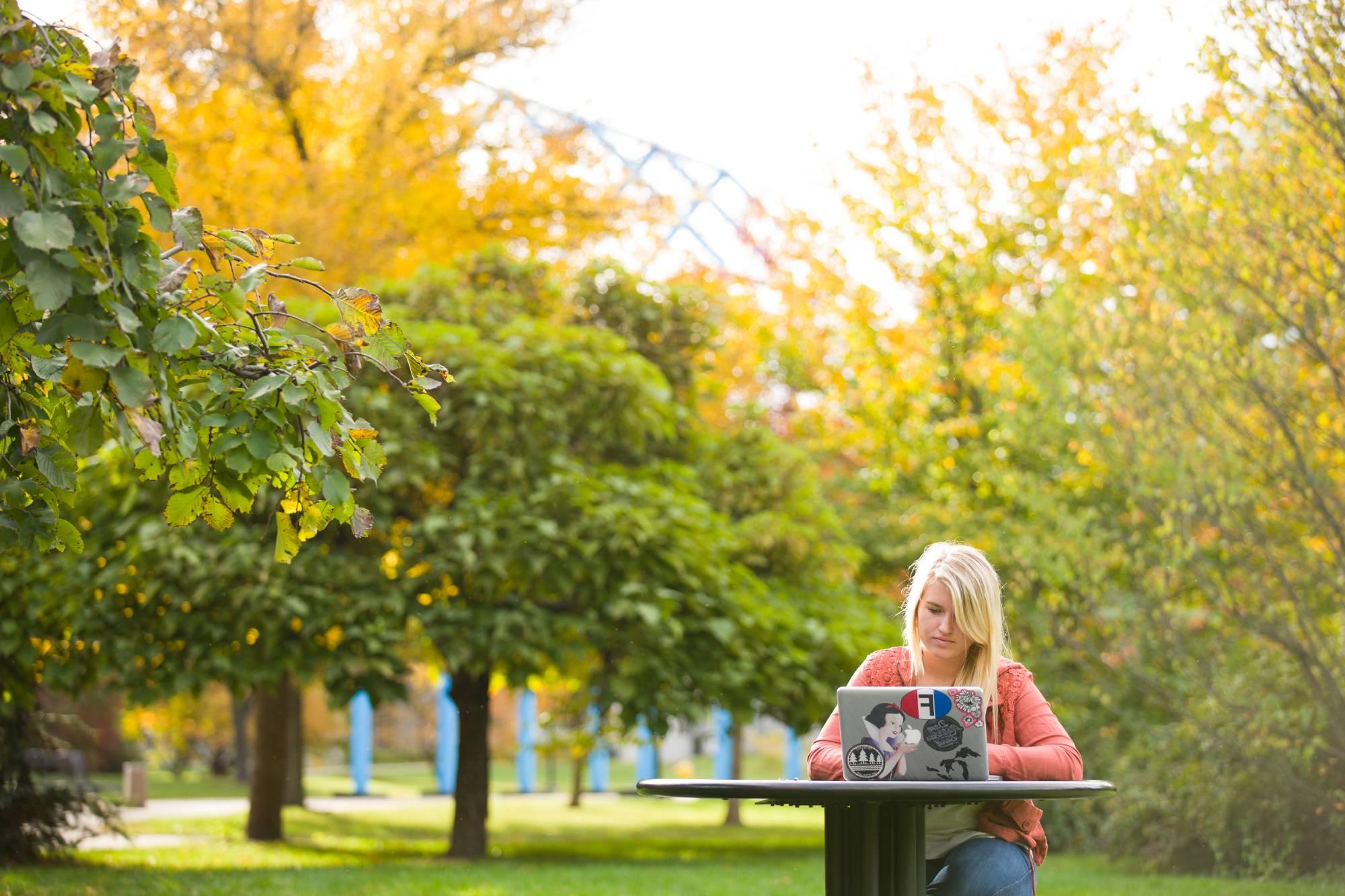 Student sitting outside using their laptop